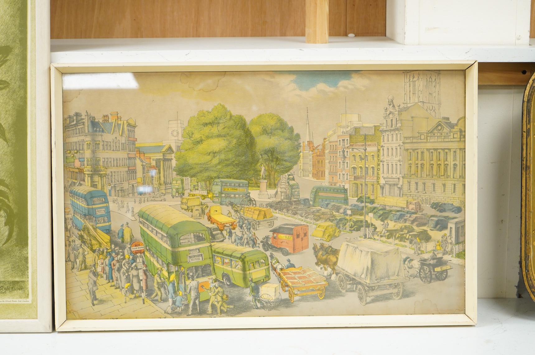 After Gerald Cooper (1898-1975), 'Striped Lily', sp12, printed in England at The Baynard Press, lithographic school print, together with after Phyllis Ginger, ‘Town Centre’, lithographic school print, largest 42 x 68cm